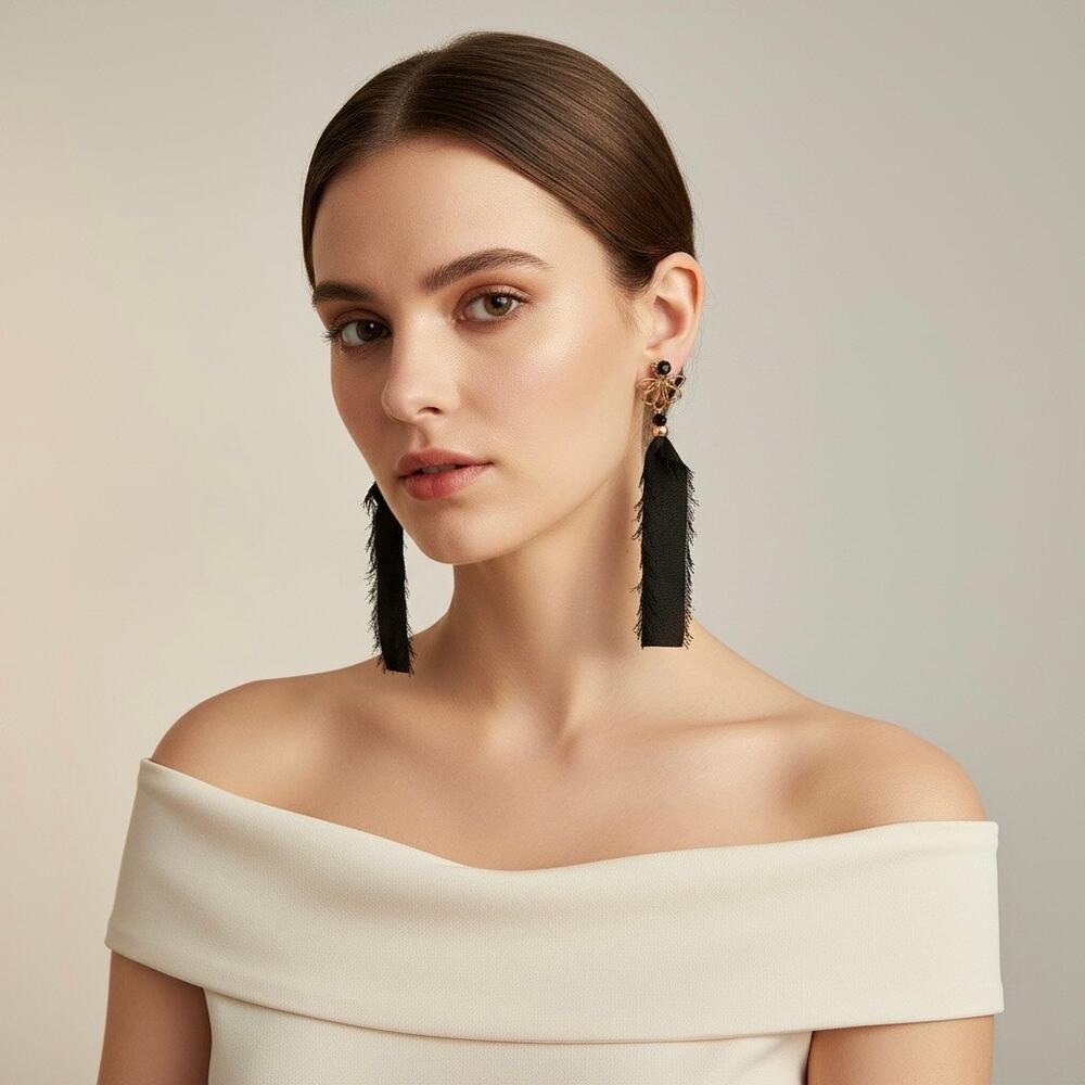 Free People Black Ribbon Lulu Dangle Post Earring Black Butterfly Tops NWT